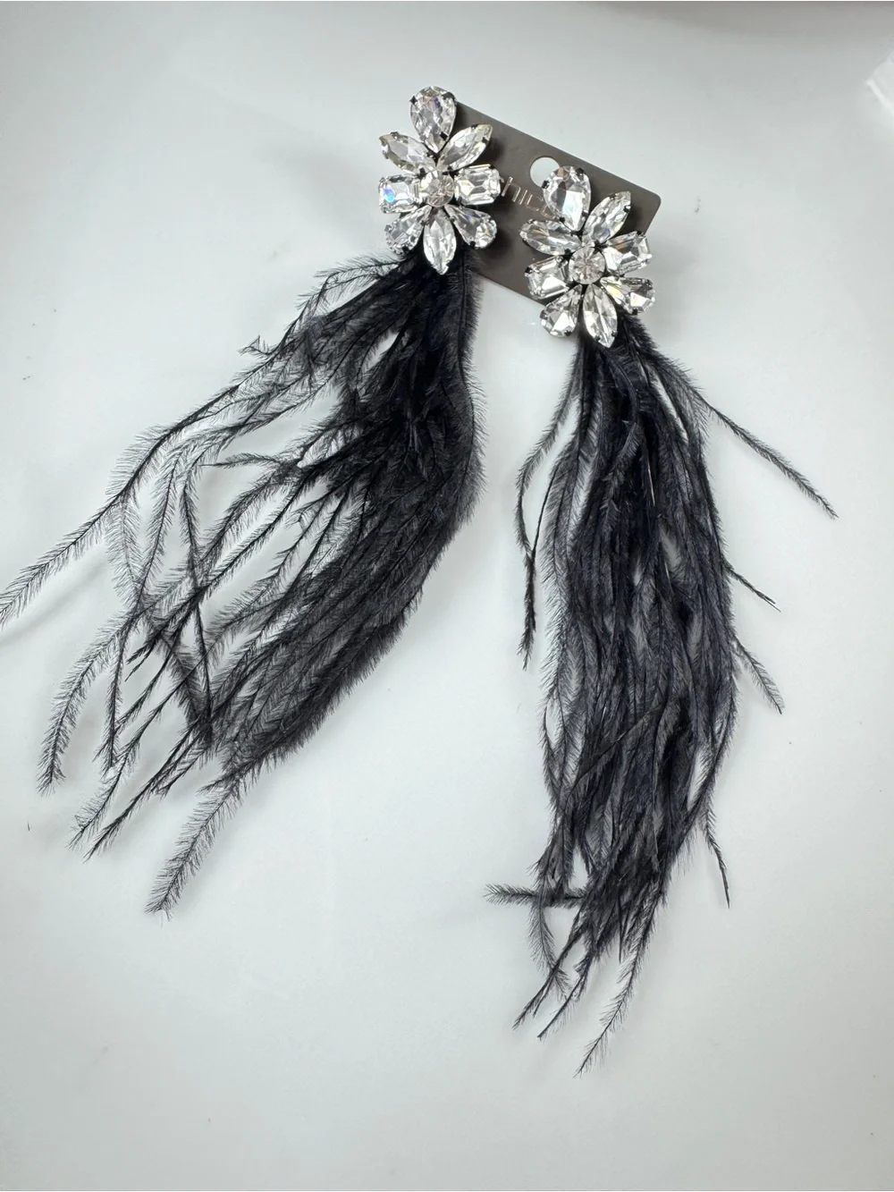 Chico's Crystal Flower Earrings with Black Feathers